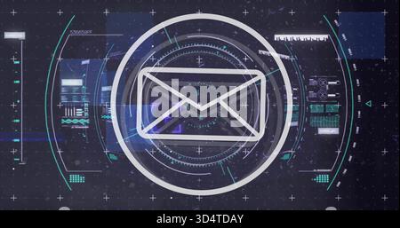 Rotating white envelope icon occupying center of digital HUD, showing rings, charts, glitch lines Stock Photo