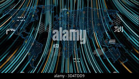 Displaying translucent global map on dark data dashboard, showing flowing datastreams and hexagons Stock Photo