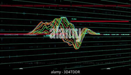 Displaying multi-colored waveform lines on dark analytics screen, with teal grid and numeric labels Stock Photo