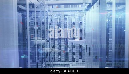 Displaying central row of glass-fronted server cabinets lining data center aisle, with LED lights Stock Photo