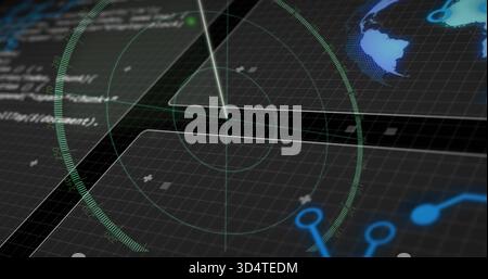 Displaying circular radar overlay scanning control console, showing sweep beam, code, map, nodes Stock Photo