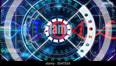 Projecting central holographic UI hub with concentric rings and DNA strand on lab monitor Stock Photo