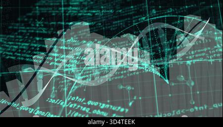 Displaying dotted double-helix DNA strand moving diagonally across data dashboard, showing code Stock Photo