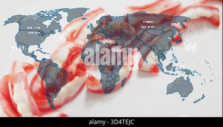 Displaying stylized world map overlay on white surface, showing twisted red-white candies, hex grid Stock Photo