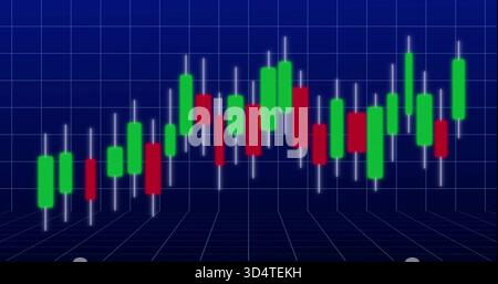 Displaying centered candlestick chart on deep blue grid, showing green red bars with glowing wicks Stock Photo