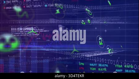 Displaying virtual dashboard showing red blue line graphs, bar charts, binary code, floating icons Stock Photo