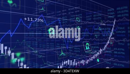 Displaying financial chart with rising candlestick cluster on trading dashboard, with sector icons Stock Photo