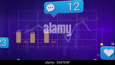 Displaying chart on purple dashboard with white jagged line, tan bars, number labels, blue badges Stock Photo