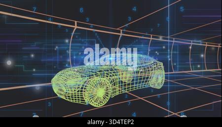 Rotating wireframe sedan floating inside virtual tunnel, showing numeric overlays and glowing nodes Stock Photo