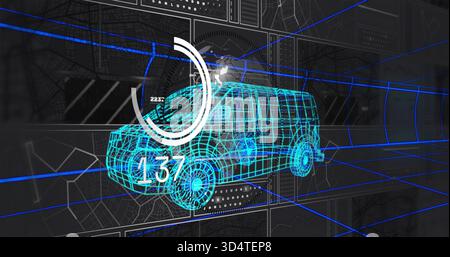 Displaying cyan wireframe van model hovering in virtual design workspace, with circular gauge 137 Stock Photo