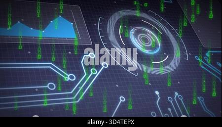 Displaying concentric HUD on dark grid, showing blue circuits, green binary and translucent chart Stock Photo