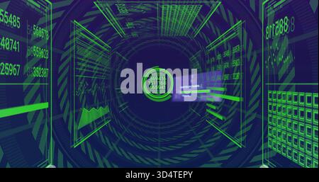 Glowing central data node pulsing in virtual 3D tunnel, displaying holographic panels and numbers Stock Photo