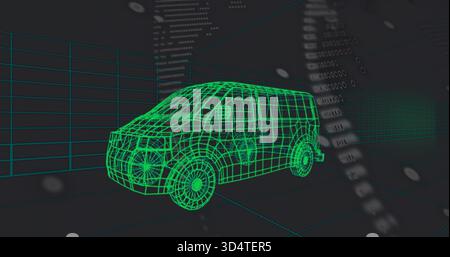 Rendering neon-green wireframe cargo van model hovering over floor grid, showing digit stream data Stock Photo