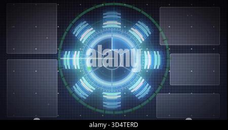 Displaying central HUD projecting concentric rings, crosshair and six radial data bars on dark grid Stock Photo