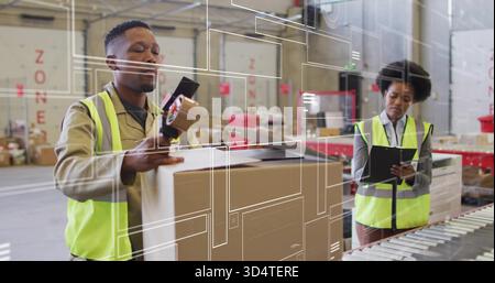 Sealing left worker in hi-vis vest taping box and checking smartphone at warehouse, with conveyor Stock Photo