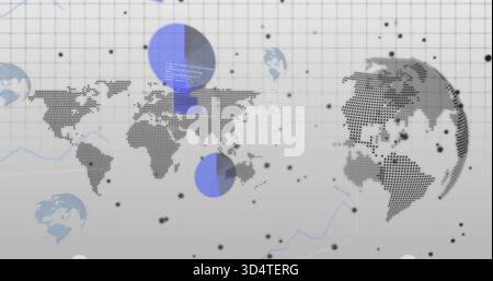 Displaying dotted world map and dotted globe overlaying blue charts, black dots, panels on grid Stock Photo