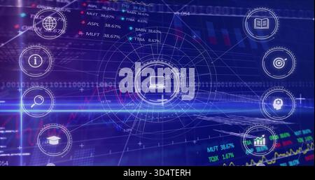 Displaying central HUD with laptop icon pulsing in virtual dashboard, showing candlesticks, tickers Stock Photo