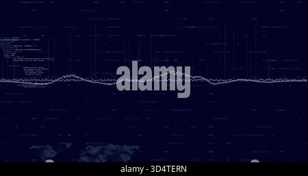 Displaying horizontal dotted waveform pulsing across dark navy data dashboard, with code block map Stock Photo