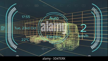 Displaying wireframe truck and trailer within virtual 3D grid, showing drive-mode selector Stock Photo