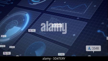 Displaying central translucent panel showing user-count 2560 on virtual dashboard, with radar gauge Stock Photo