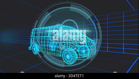 Displaying cyan wireframe passenger van model in dark virtual simulation, with HUD rings and grid Stock Photo