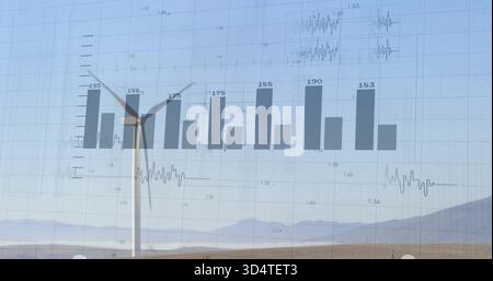 Displaying white three-blade wind turbine rising on dry plain, with grid bar chart labels waves Stock Photo