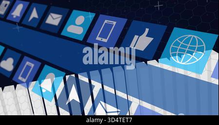 Displaying diagonal blue app tiles shifting across digital interface, with globe smartphone bell Stock Photo
