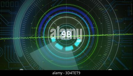Animating central HUD showing teal rings and 98 PERCENT on dark interface with green waveform Stock Photo