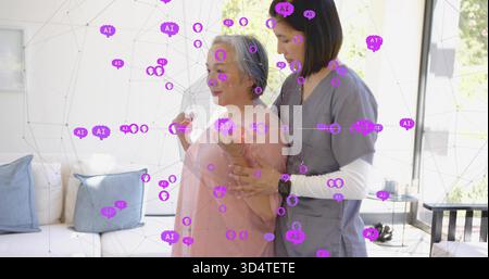Holding woman in pink blouse using pink weights at home, carer gray-scrubbed assisting, AI overlay Stock Photo