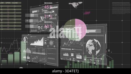 Displaying clear dashboards floating over dark grid with globe pink-green pie, KPIs 45% 71% 68% Stock Photo