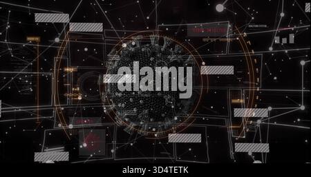 Rotating central wireframe sphere pulsing in virtual HUD, showing VIRUS DETECTED and nodes Stock Photo