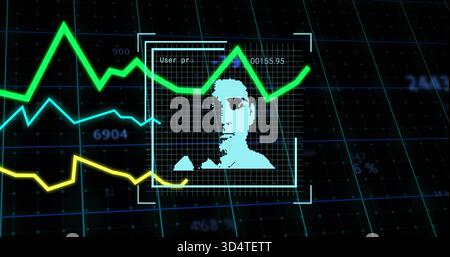 Displaying pixel-art face avatar glowing inside detection box on HUD with neon waveform traces Stock Photo