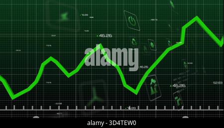 Displaying green data line sweeping across dashboard, showing grid, numeric labels, floating icons Stock Photo