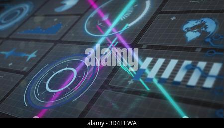 Displaying holographic HUD showing concentric rings, radial ticks on grid panel, neon beams, gauge Stock Photo