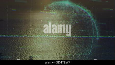 Reflecting sunlit ocean surface creating shimmering path at sea, showing waveform and particle arc Stock Photo