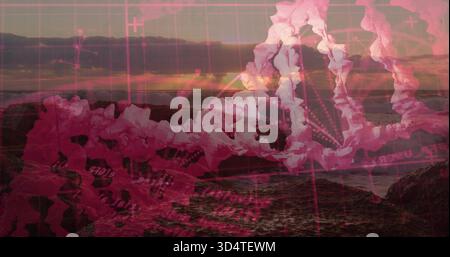 Floating translucent DNA-like helix crossing coastal sunset shoreline, blending with magenta grid Stock Photo