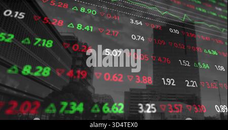 Displaying digital stock ticker overlay over downtown glass skyscrapers, showing green red arrows Stock Photo