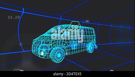 Displaying wireframe van model occupying centered tunnel corridor, showing blue floor grid, HUD CO2 Stock Photo