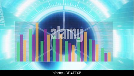 Displaying translucent panel showing colorful vertical bars on grid in HUD, with concentric rings Stock Photo