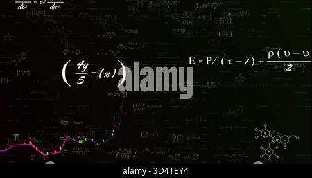 Displaying large white equations centered on dark virtual slate, showing left chart, right molecule Stock Photo