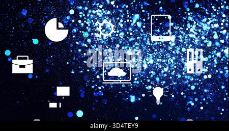 Displaying white tech and business icons floating over blue sparkling background, with laptop cloud Stock Photo