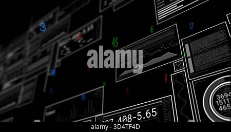Displaying floating UI panels showing charts, code blocks, digits and circular gauge on dashboard Stock Photo