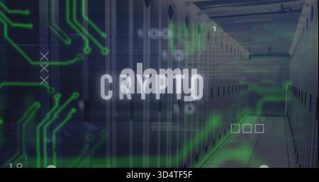 Displaying central rack aisle stretching through data center corridor, showing CRYPTO HUD overlay Stock Photo