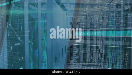 Displaying server racks with LEDs and cable bundles in data center aisle, showing ENCRYPTION Stock Photo