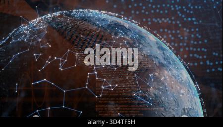Showing holographic Earth globe in virtual space, displaying network nodes, hex grid, data streams Stock Photo