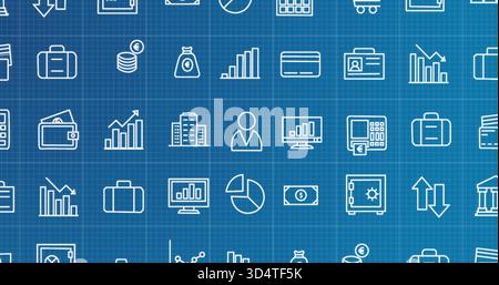 Displaying centered repeating white business icons on blue grid, showing charts, wallet, coins Stock Photo