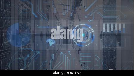 Displaying HUD with globe, radar, chart over server racks, cables, LEDs in data center Stock Photo