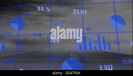 Displaying blue data overlay over harbor showing grid, pies, bars, numbers, pier, skyline, fog Stock Photo
