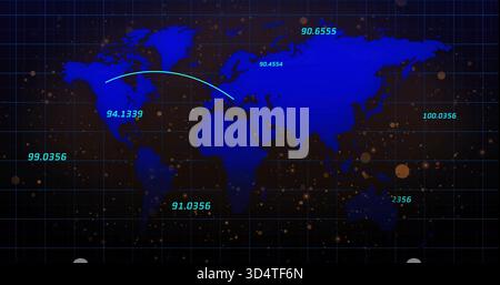 Displaying stylized world map on navy dashboard showing cyan arc and grid with turquoise labels Stock Photo