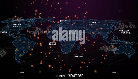 Projecting holographic map with cyan outlines over 3D grid floor showing hex mesh nodes amber stars Stock Photo